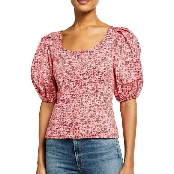 NWT $218 Parker Red Pebble Polka Dot Button Up Puff Sleeve Top Women’s XS - Picture 1 of 4